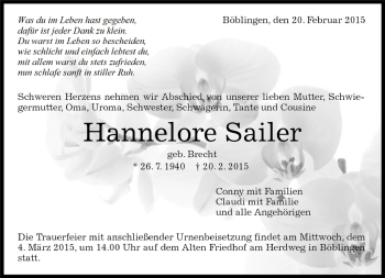 Traueranzeige von Hannelore Sailer von Kreiszeitung Böblinger Bote