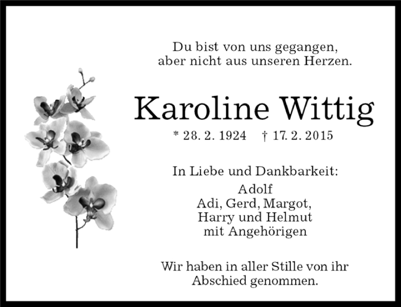  Traueranzeige für Karoline Wittig vom 28.02.2015 aus Kreiszeitung Böblinger Bote