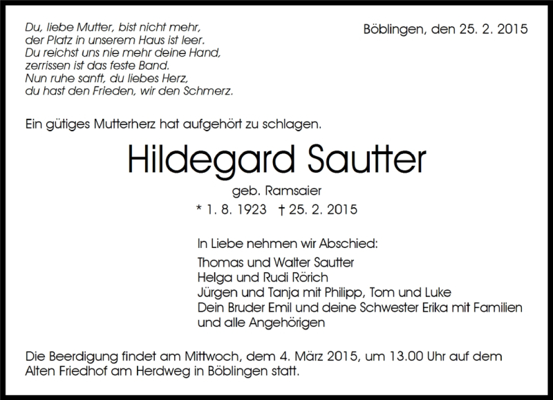  Traueranzeige für Hildegard Sautter vom 27.02.2015 aus Kreiszeitung Böblinger Bote