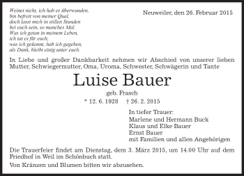 Traueranzeige von Luise Bauer von Kreiszeitung Böblinger Bote