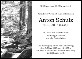 Traueranzeige von Anton Schulz von Kreiszeitung Böblinger Bote