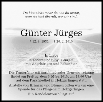 Traueranzeige von Günter Jürges von Kreiszeitung Böblinger Bote