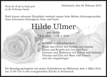 Traueranzeige von Hilde Ulmer von Kreiszeitung Böblinger Bote