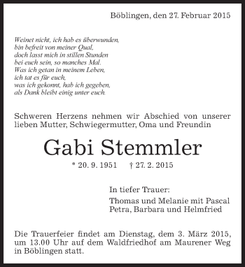 Traueranzeige von Gabi Stemmler von Kreiszeitung Böblinger Bote