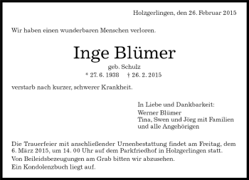 Traueranzeige von Inge Blümer von Kreiszeitung Böblinger Bote