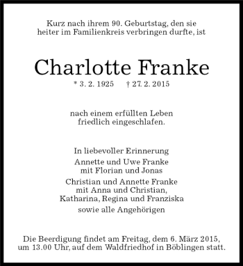 Traueranzeige von Charlotte Franke von Kreiszeitung Böblinger Bote