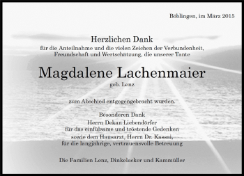Traueranzeige von Magdalene Lachenmaier von Kreiszeitung Böblinger Bote
