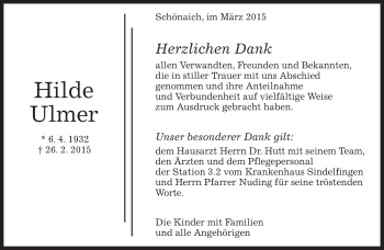 Traueranzeige von Hilde Ulmer von Kreiszeitung Böblinger Bote