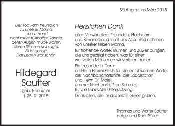 Traueranzeige von Hildegard Sautter von Kreiszeitung Böblinger Bote