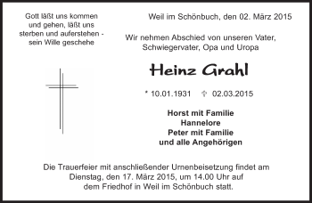 Traueranzeige von Heinz Grahl von Kreiszeitung Böblinger Bote