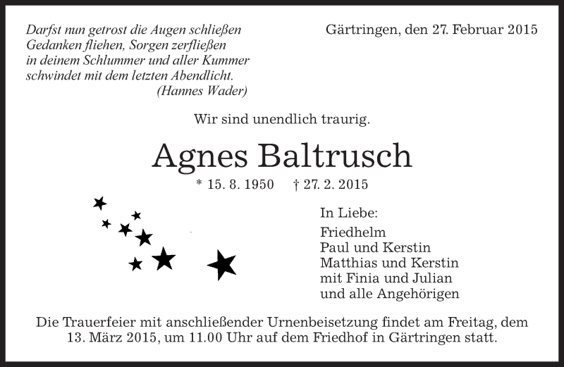  Traueranzeige für Agnes Baltrusch vom 10.03.2015 aus Kreiszeitung Böblinger Bote