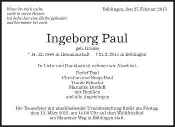Traueranzeige von Ingeborg Paul von Kreiszeitung Böblinger Bote