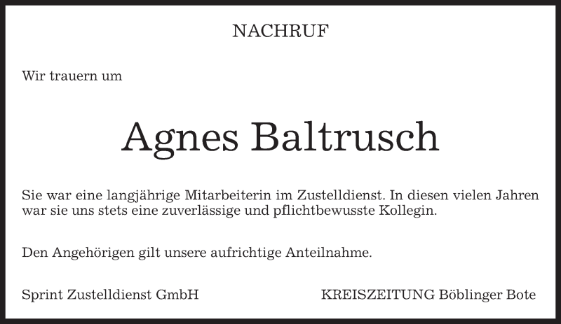  Traueranzeige für Agnes Baltrusch vom 10.03.2015 aus Kreiszeitung Böblinger Bote