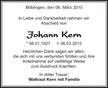 Traueranzeige von Johann Kern von Kreiszeitung Böblinger Bote