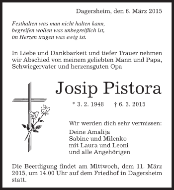 Traueranzeige von Josip Pistora von Kreiszeitung Böblinger Bote