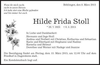 Traueranzeige von Hilde Frida Stoll von Kreiszeitung Böblinger Bote
