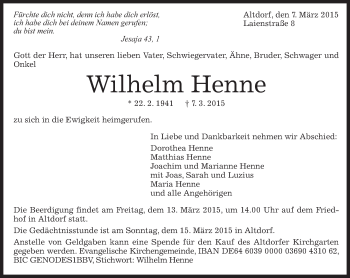 Traueranzeige von Wilhelm Henne von Kreiszeitung Böblinger Bote