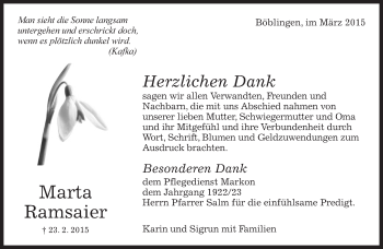 Traueranzeige von Marta Ramsaier von Kreiszeitung Böblinger Bote