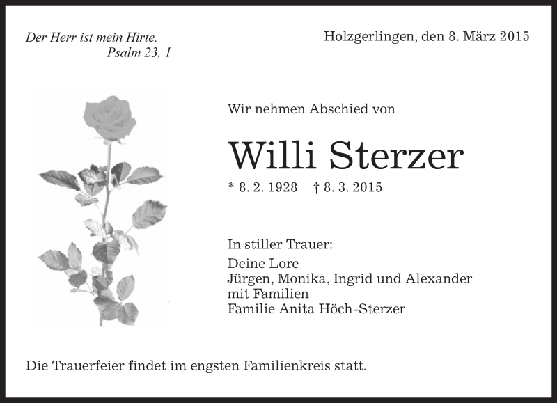  Traueranzeige für Willi Sterzer vom 10.03.2015 aus Kreiszeitung Böblinger Bote