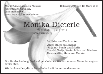 Traueranzeige von Monika Dieterle von Kreiszeitung Böblinger Bote