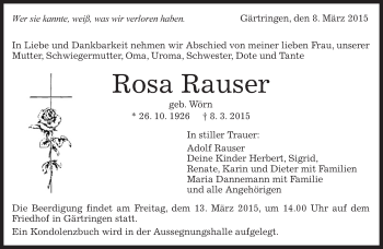 Traueranzeige von Rosa Rauser von Kreiszeitung Böblinger Bote