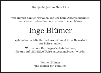 Traueranzeige von Inge Blümer von Kreiszeitung Böblinger Bote
