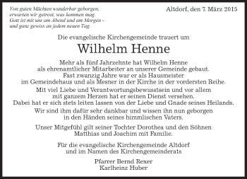 Traueranzeige von Wilhelm Henne von Kreiszeitung Böblinger Bote