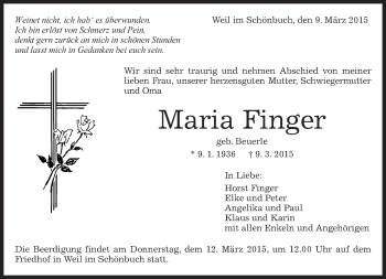 Traueranzeige von Maria Finger von Kreiszeitung Böblinger Bote