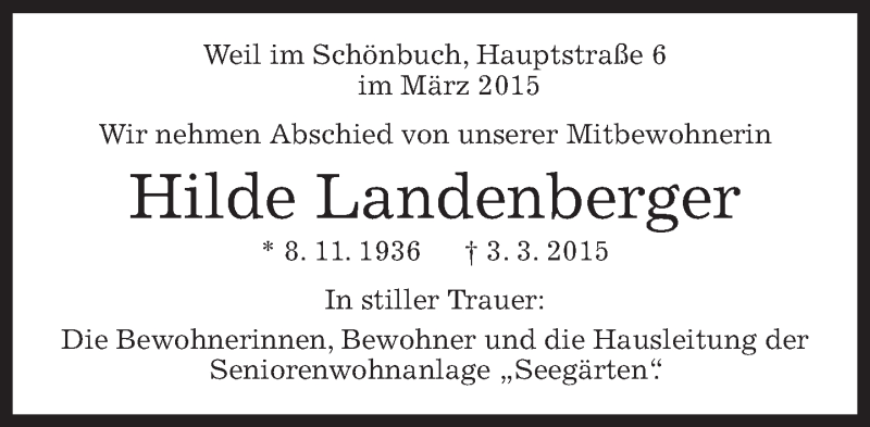  Traueranzeige für Hilde Landenberger vom 12.03.2015 aus Kreiszeitung Böblinger Bote