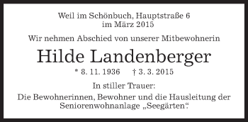 Traueranzeige von Hilde Landenberger von Kreiszeitung Böblinger Bote