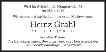 Traueranzeige von Heinz Grahl von Kreiszeitung Böblinger Bote