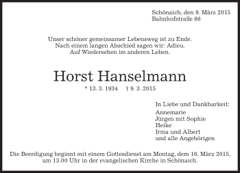 Traueranzeige von Horst Hanselmann von Kreiszeitung Böblinger Bote