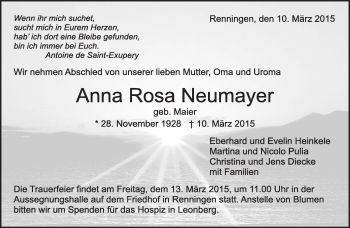 Traueranzeige von Anna Rosa Neumayer von Kreiszeitung Böblinger Bote