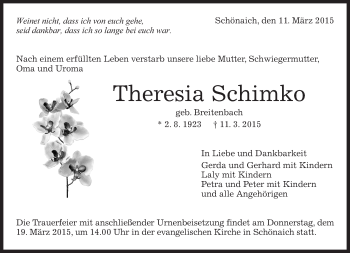 Traueranzeige von Theresia Schimko von Kreiszeitung Böblinger Bote