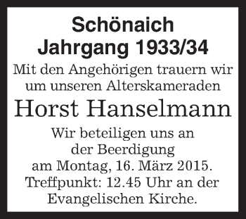 Traueranzeige von Horst Hanselmann von Kreiszeitung Böblinger Bote