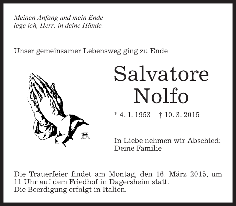  Traueranzeige für Salvatore Nolfo vom 14.03.2015 aus Kreiszeitung Böblinger Bote