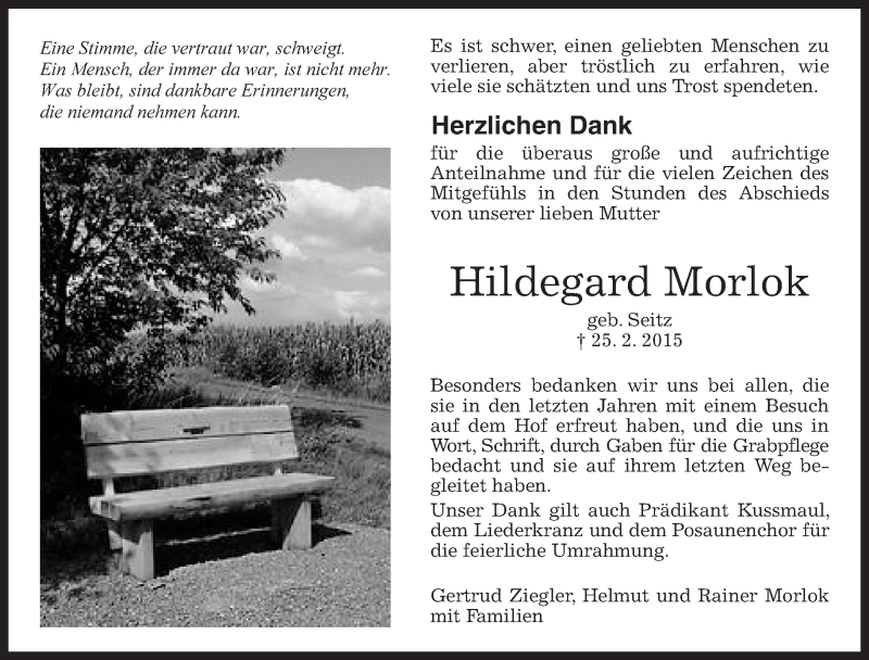  Traueranzeige für Hildegard Morlok vom 19.03.2015 aus Kreiszeitung Böblinger Bote