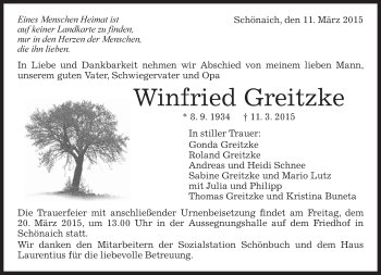 Traueranzeige von Winfried Greitzke von Kreiszeitung Böblinger Bote