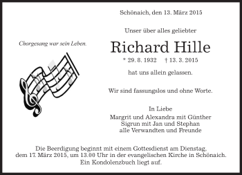 Traueranzeige von Richard Hille von Kreiszeitung Böblinger Bote