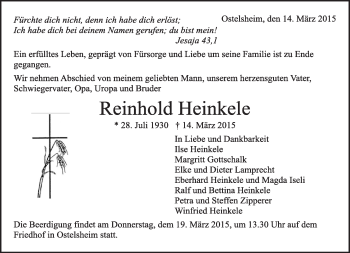 Traueranzeige von Reinhold Heinkele von Kreiszeitung Böblinger Bote