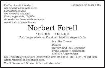 Traueranzeige von Norbert Forell von Kreiszeitung Böblinger Bote