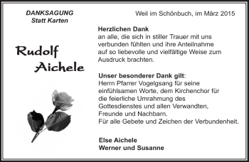 Traueranzeige von Rudolf Aichele von Kreiszeitung Böblinger Bote