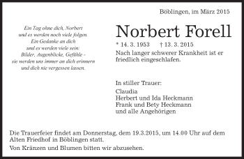 Traueranzeige von Norbert Forell von Kreiszeitung Böblinger Bote