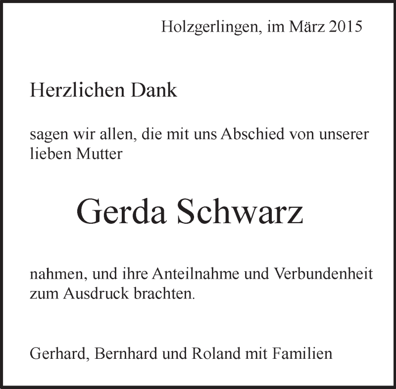  Traueranzeige für Gerda Schwarz vom 16.03.2015 aus Kreiszeitung Böblinger Bote