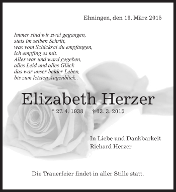 Traueranzeige von Elizabeth Herzer von Kreiszeitung Böblinger Bote