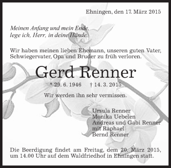 Traueranzeige von Gerd Renner von Kreiszeitung Böblinger Bote