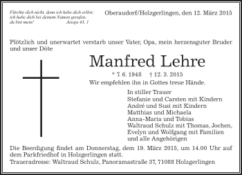 Traueranzeige von Manfred Lehre von Kreiszeitung Böblinger Bote