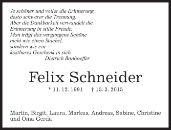 Traueranzeige von Felix Schneider von Kreiszeitung Böblinger Bote