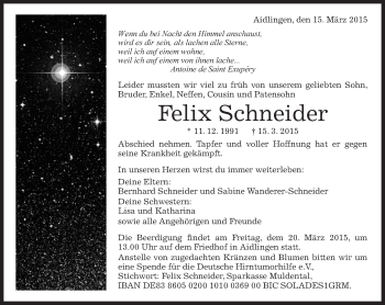 Traueranzeige von Felix Schneider von Kreiszeitung Böblinger Bote