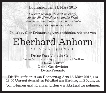Traueranzeige von Eberhard Anhorn von Kreiszeitung Böblinger Bote